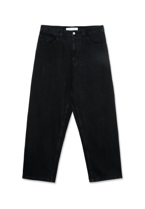Pantalones de mezclilla negros con un corte recto, diseño de cinco bolsillos, cierre de botón y textura ligeramente desgastada. Etiqueta de la marca visible en la cintura.