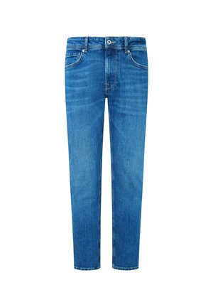 Blue denim jeans with a straight fit, featuring a zip fly, five-pocket design, and subtle fading. Stitching in contrasting thread.