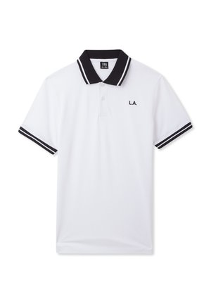 Biała koszulka polo z czarnym kołnierzykiem i akcentami na rękawach, z małym haftowanym logo "L.A." na klatce piersiowej, wykonana z gładkiego materiału.