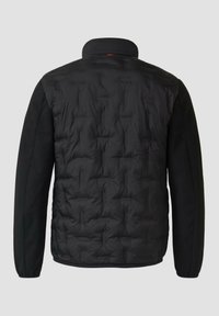 Veste matelassée noire avec manches noires unies, col montant et coutures horizontales subtiles, vue de dos sur un fond gris.