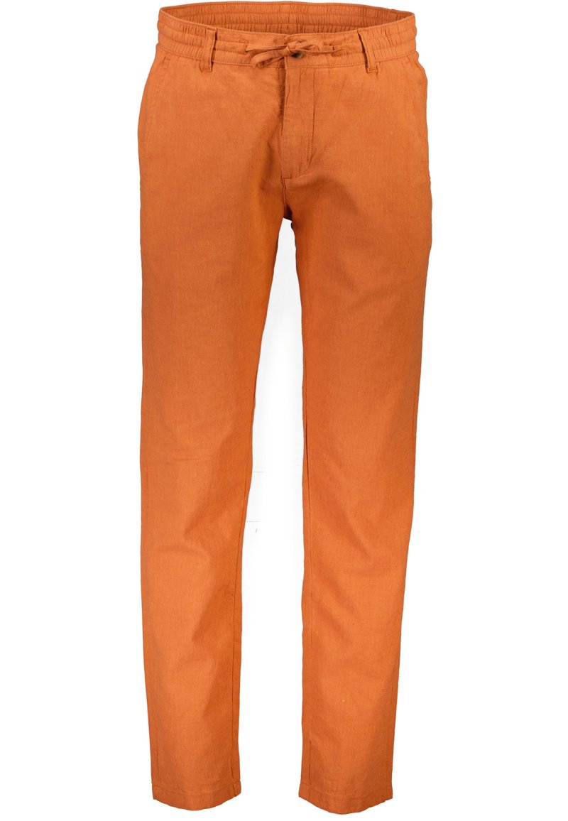 Oranssi pellavahousut, joissa on nyörivyö, kapeneva lahjetynnyri ja sileä pinta. Ei näkyviä taskuja tai kuvioita.