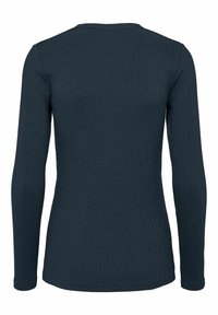 Langermet ribbestrikket topp i mørkeblå, med rund hals og en tettsittende silhuett. Glatt tekstur med et minimalistisk design.
