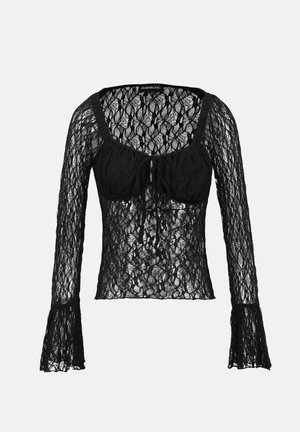 Haut noir en dentelle à manches longues avec buste ajusté, encolure carrée, détail noué au centre et poignets évasés, en matériau transparent sur toute la surface.