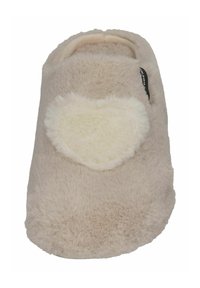 Beige slipper made of soft, fuzzy fabric. Designed with a cream heart accent at the center. Rounded toe and slip-on style for easy wear.