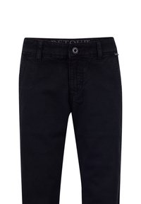 Pantaloni neri in cotone con un design aderente, cuciture a contrasto e chiusura frontale con un pulsante. Include tasche laterali e passanti per la cintura.