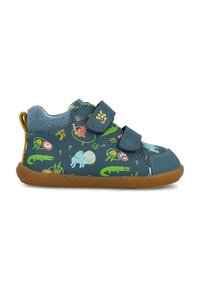 Zapatillas infantiles azules con patrones de animales, dos correas de velcro y una suela de goma color beige. Fabricadas en material sintético con una parte superior suave.