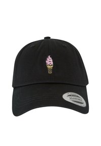 Casquette de baseball en coton noir avec broderie d'un cône de glace rose, strap arrière ajustable et visière courbée en tissu texturé.