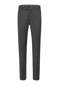 Pantalon gris foncé en tissu texturé, avec un devant plat, deux poches latérales et une fermeture à bouton avec une ceinture intérieure à motifs.