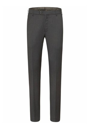 Donkergrijze broek van een gestructureerde stof, met een rechte voorkant, twee zijzakken en een knoopsluiting met een gemêleerde binnenkant van de tailleband.