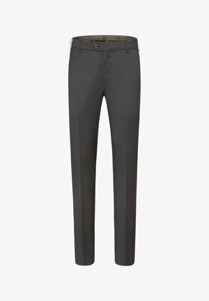 Donkergrijze broek van een gestructureerde stof, met een rechte voorkant, twee zijzakken en een knoopsluiting met een gemêleerde binnenkant van de tailleband.
