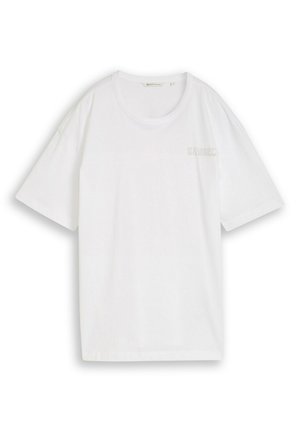 White short-sleeve crew neck T-shirt with subtle small text detail on upper left chest, displayed against white background.