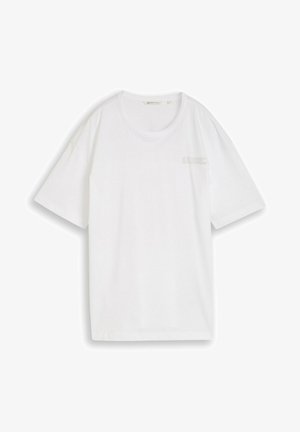 White short-sleeve crew neck T-shirt with subtle small text detail on upper left chest, displayed against white background.