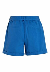 Blue cotton shorts with a rolled hem, featuring a smooth texture, flat front with pleats, and two back pockets.
