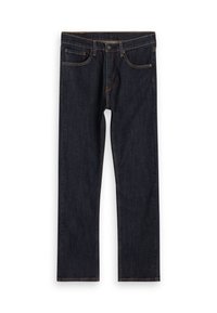 Mörkblå raka jeans med framfickor, bältesöglor och synlig brun sömnad på vit bakgrund.