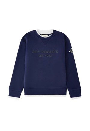 Granatowa bluza z napisem "ROY ROGER'S EST. 1952" z przodu oraz białym warstwowym wyglądem na kołnierzu i mankietach.
