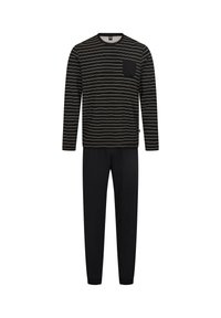 Stribet sort og creme langærmet bluse med lomme, kombineret med ensfarvede sorte bukser, lavet af blødt stof og med en afslappet pasform.