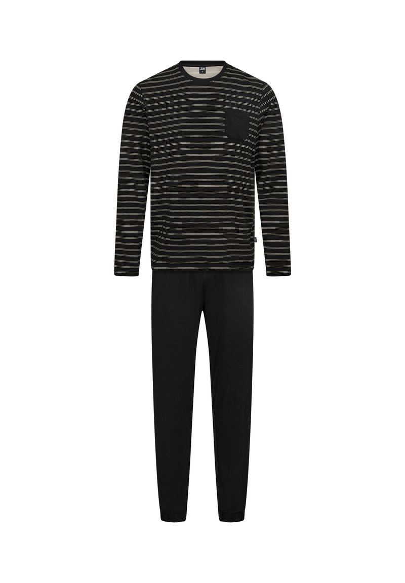 Stribet sort og creme langærmet bluse med lomme, kombineret med ensfarvede sorte bukser, lavet af blødt stof og med en afslappet pasform.