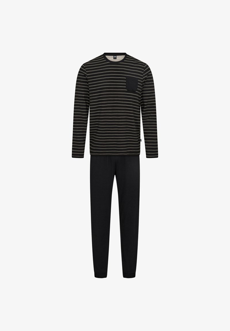 Stribet sort og creme langærmet bluse med lomme, kombineret med ensfarvede sorte bukser, lavet af blødt stof og med en afslappet pasform.