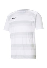 Witte sport T-shirt met horizontale grijze strepen en een zwart logo. Gemaakt van synthetisch materiaal, met een ronde hals en korte mouwen.