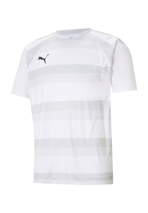 Witte sport T-shirt met horizontale grijze strepen en een zwart logo. Gemaakt van synthetisch materiaal, met een ronde hals en korte mouwen.