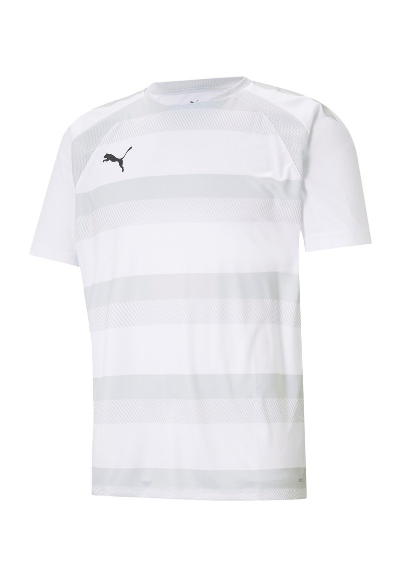 Witte sport T-shirt met horizontale grijze strepen en een zwart logo. Gemaakt van synthetisch materiaal, met een ronde hals en korte mouwen.