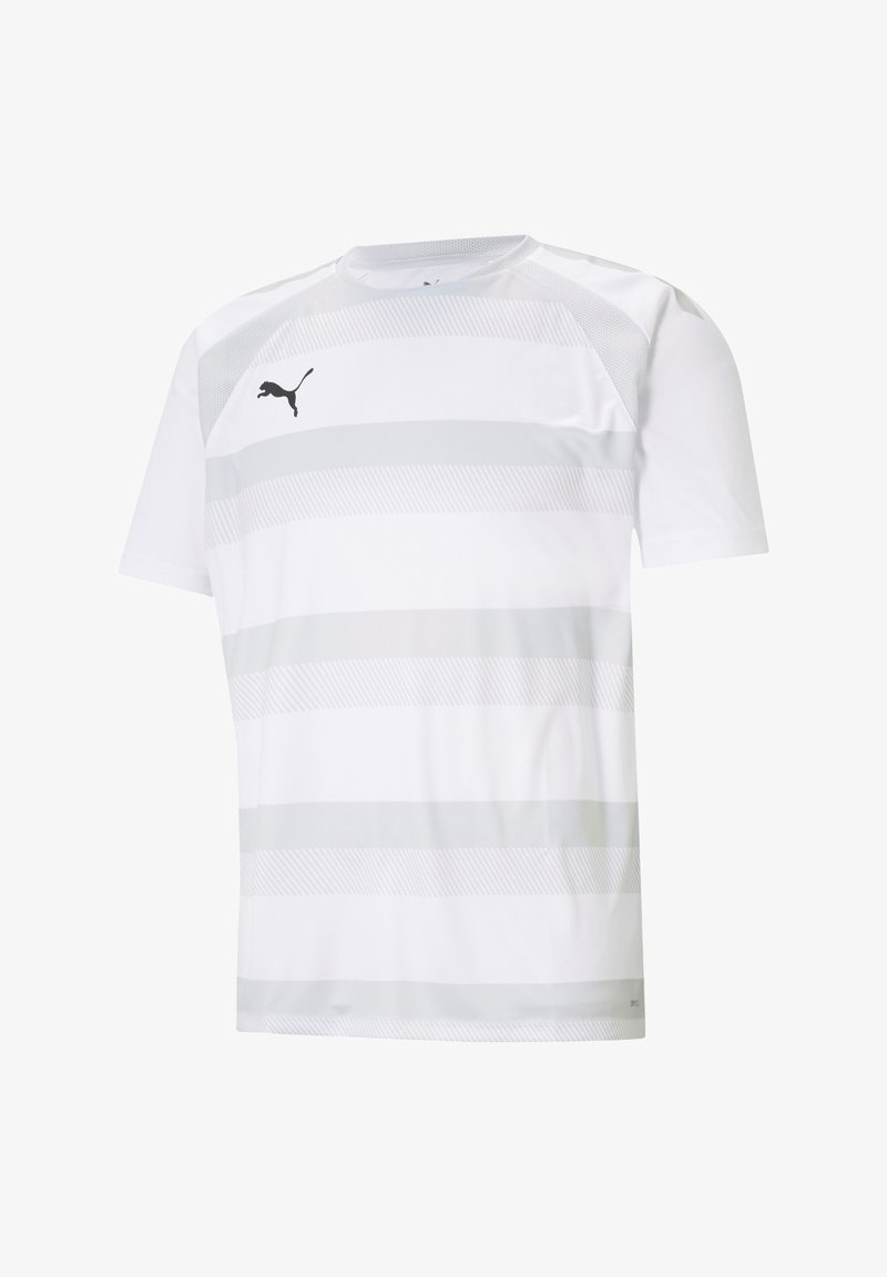 Weißes Sport-T-Shirt mit horizontalen grauen Streifen und einem schwarzen Logo. Hergestellt aus synthetischem Material, mit Rundhalsausschnitt und kurzen Ärmeln.