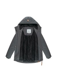 Grå ytterjacka med huva, med ett kviltat svart foder, knapprubrik och en etikett med varumärkesnamnet inuti.