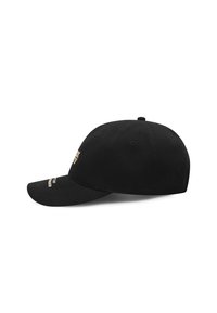 Black baseball cap with a curved brim, stitched eyelets for ventilation, and embroidered text on the front and side in a contrasting color.