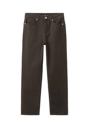 Blugi din denim maro închis, cu croială dreaptă, buzunare frontale, bucle pentru curea și închidere cu nasture.