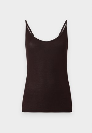 Must mustriba mustriba õhuke rihmadega, ribakujuline struktuur ja lahtine kaelus. Materjal tundub pehme ja kehaümber, minimaalsete õmbluste ja ilma mustriteta.