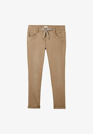 Tan cotton blend pants with side pockets, a drawstring waist, and rolled cuffs. Smooth texture and tailored fit.