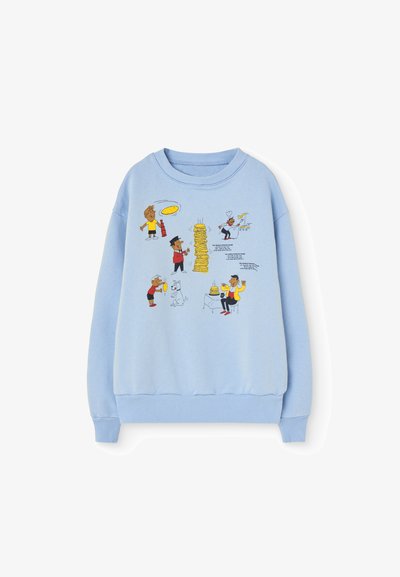 Light blue sweatshirt with graphic print featuring cartoon characters, pancakes, and cooking elements. Crew neck, ribbed cuffs, and hem.