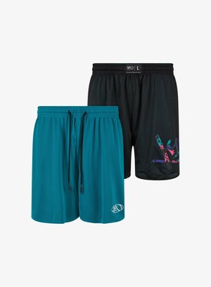 Two pairs of basketball shorts: one teal with a drawstring, the other black with a colorful graphic print. Both feature mesh fabric.