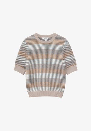 Short-sleeve ribbed knit sweater with horizontal stripes in beige, white, gray, and mustard colors, featuring a round neckline.