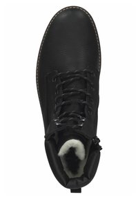 Stivaletto in pelle nera con superficie texturizzata, punta rotonda, lacci frontali e fodera morbida bianca. Presenta un bordo cucito a contrasto.