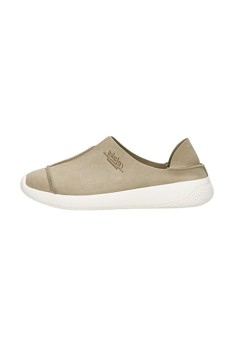 Beige Slipper mit weißer Gummisohle, niedrigem Absatz und dezent gesticktem Logo an der Außenseite.