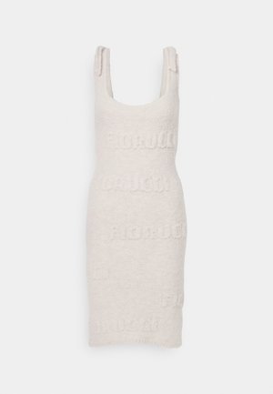 Abito fitted beige chiaro con finitura testurizzata, dotato di scollo rotondo e dettagli sulle spalle, impreziosito dalla scritta "Fiorucci".