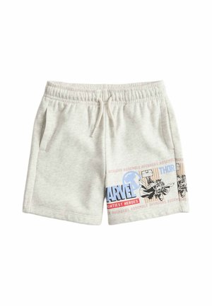 Lysegrå børneshorts med elastisk linning, lommer og Marvel Avengers Thor-grafik og tekst på højre ben.