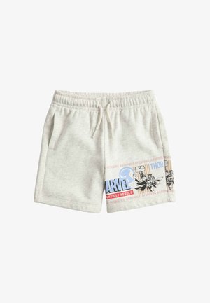 Lysegrå børneshorts med elastisk linning, lommer og Marvel Avengers Thor-grafik og tekst på højre ben.