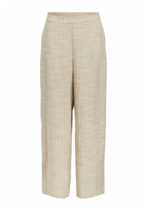 Pantalon beige à jambes larges avec un motif à fines rayures blanches verticales et une taille ajustée, présenté sur un fond blanc.