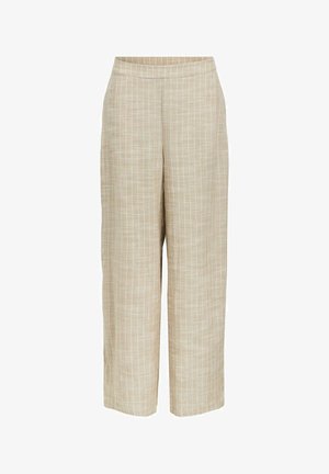 Pantalon beige à jambes larges avec un motif à fines rayures blanches verticales et une taille ajustée, présenté sur un fond blanc.