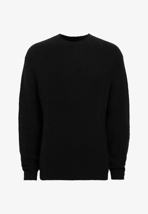 Black sweater made of textured knit fabric, featuring a crew neckline and long sleeves, with ribbed cuffs and hem.