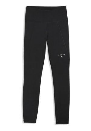 Svarte højttaljede atletikleggings med HYROX- og Puma-logoer på det øverste venstre lår, designet til sport og træning.