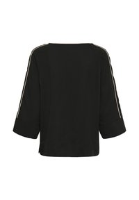 Haut noir à manches longues avec larges poignets et galon beige le long des coutures d'épaule, vu de dos sur fond blanc.