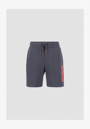 Gray shorts made of soft material, featuring an elastic waistband with drawstring and orange branding on the side.