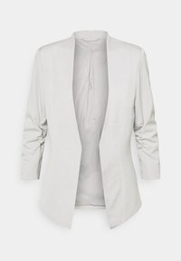 Jasnoszara marynarka o gładkiej fakturze, z otwartym przodem i rękawami o długości do połowy ramienia, zdobionymi marszczeniami na ramionach.