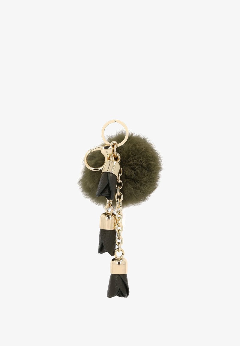 Keychain featuring an olive green faux fur pom-pom, gold-tone metal hardware, and three black leather tassels. Chain attachment included.