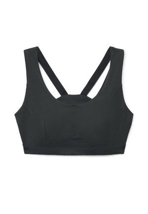 Schwarzer Sport-BH mit breiten Trägern und einem runden Ausschnitt, entworfen für Unterstützung und Komfort während körperlicher Aktivitäten.