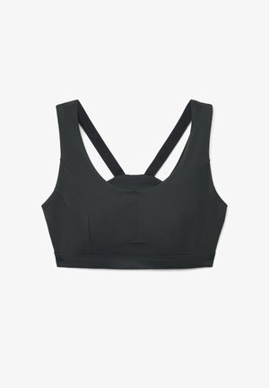 Schwarzer Sport-BH mit breiten Trägern und einem runden Ausschnitt, entworfen für Unterstützung und Komfort während körperlicher Aktivitäten.