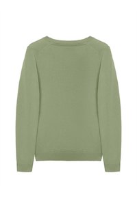 Pull vert avec une texture simple et lisse. Il présente un col rond, des manches longues, et des poignets et un ourlet côtelés. Aucun motif ni détail supplémentaire.